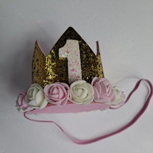 First Birthday Girl Crown Hats Party Celebration White gold Glitter and roses